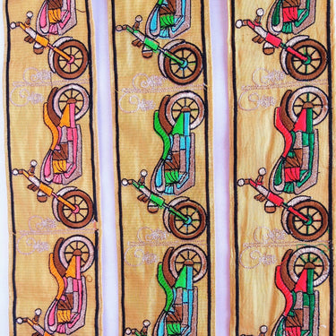 Beige Fabric trim with Embroidered Motor Bikes - Brown, Orange, Light Gold & Pink